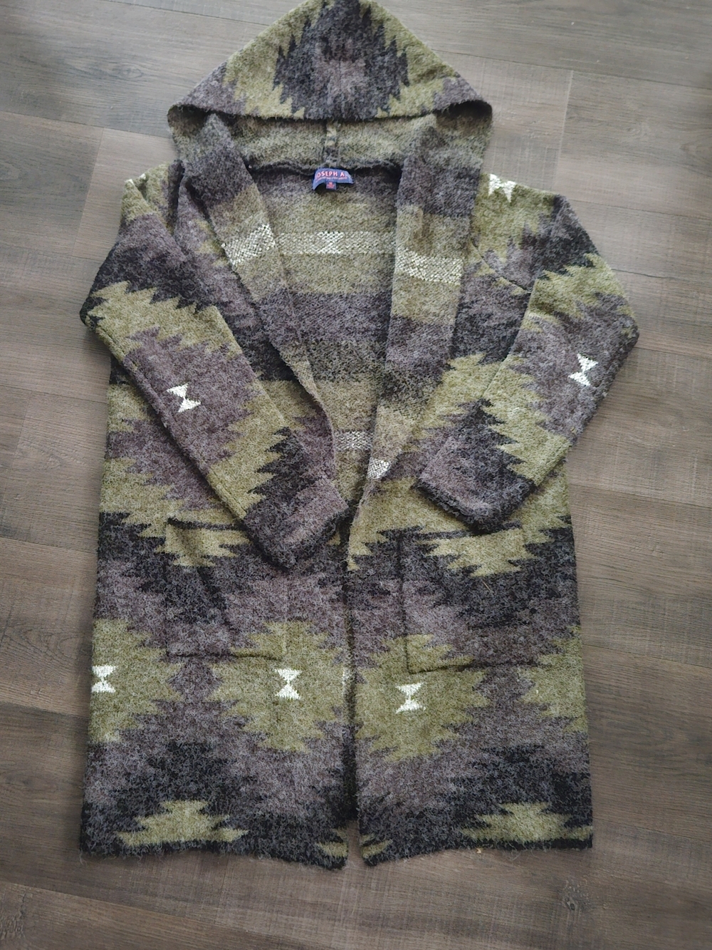 Joseph A Hooded Southwest Aztec Duster Cardigan Sweater Knit Coatigan Size M